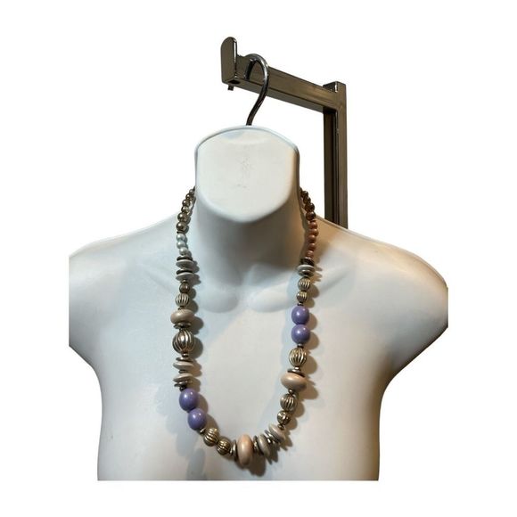 Designs by Paula Pink Purple Beaded Necklace Vintage Boho Chunky Silver Tone - Picture 2 of 5